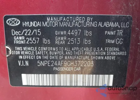 2016 Hyundai Sonata Se from USA, damaged, VIN 5NPE24AF9GH372203